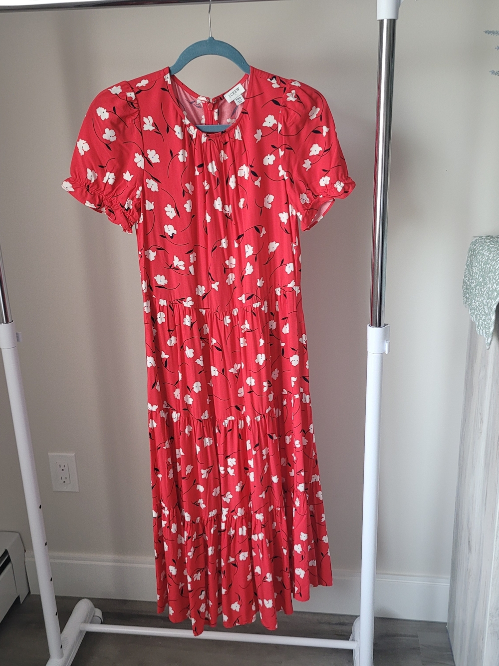 J. Crew Red Floral Maxi Dress with Soft Puff Sleeves